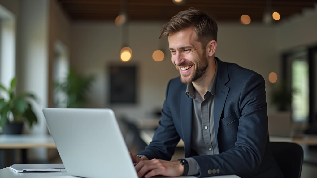 Tevreden ondernemer kijkend naar laptop scherm met goed ontworpen website