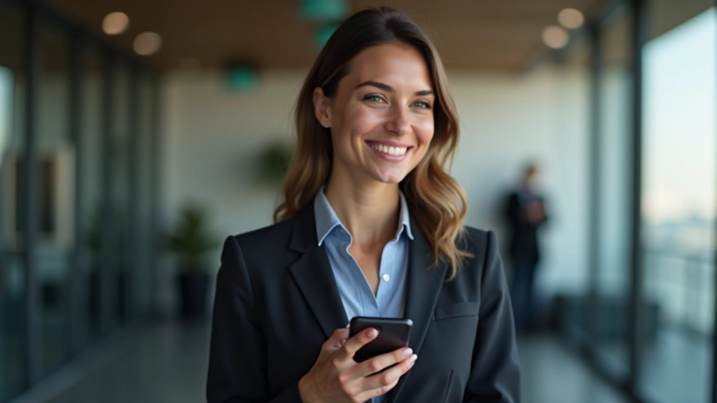 Vrolijk zakenvrouw toont smartphone scherm met mooi responsive website design, tevreden glimlach, modern kantoor