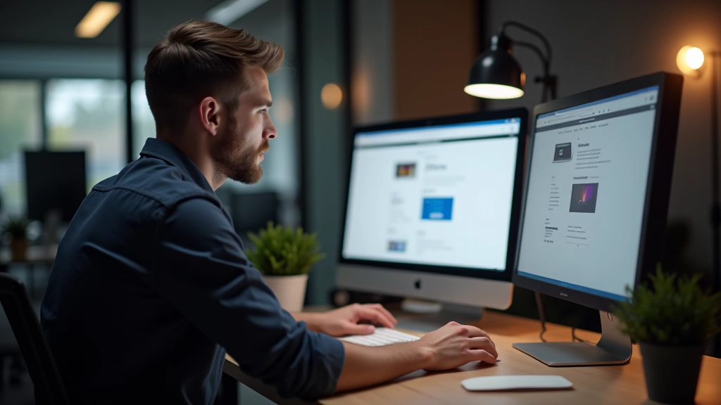 Bureausetup met designer werkend op contactpagina ontwerp, twee monitoren, professionele studio verlichting