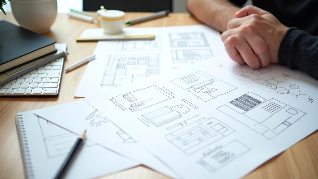 Schetsblok met wireframe tekeningen voor website layout planning