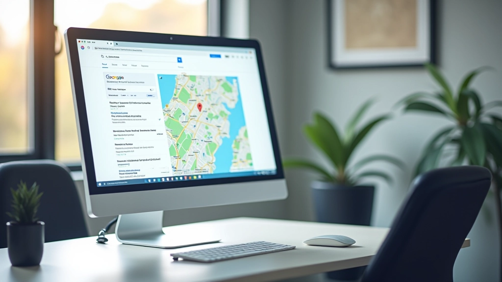 Computermonitor met Google Maps weergave en lokale zoekresultaten zichtbaar