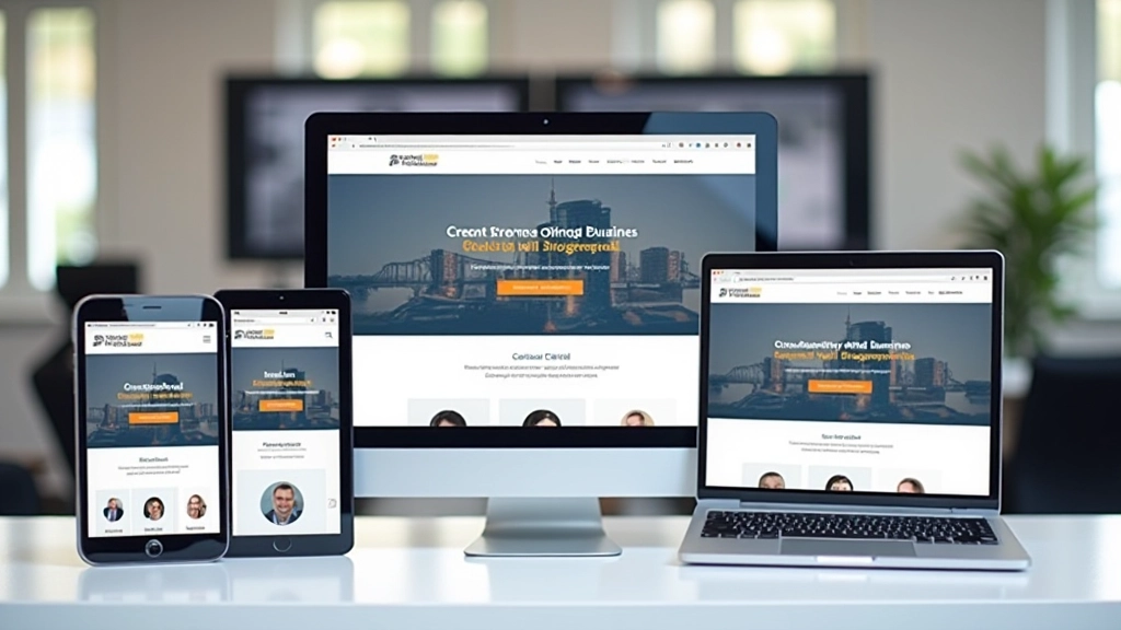 Drie apparaten naast elkaar - telefoon, tablet en desktop - elk toont dezelfde website inhoud maar aangepasst aan de schermgrootte met duidelijke visuele hiërarchie