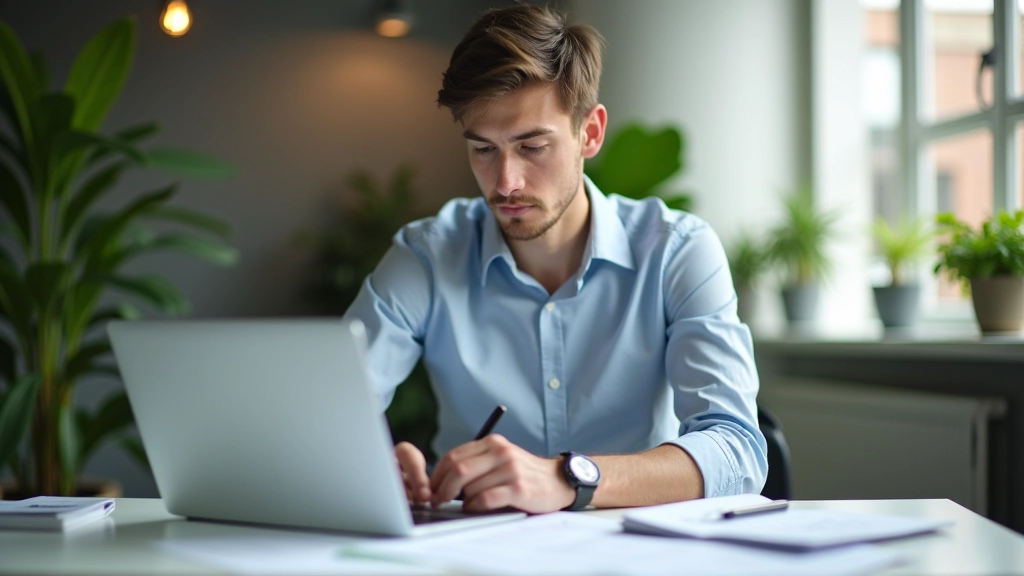 Professionele webdesigner aan het werk met wireframes en design tools op een modern bureau