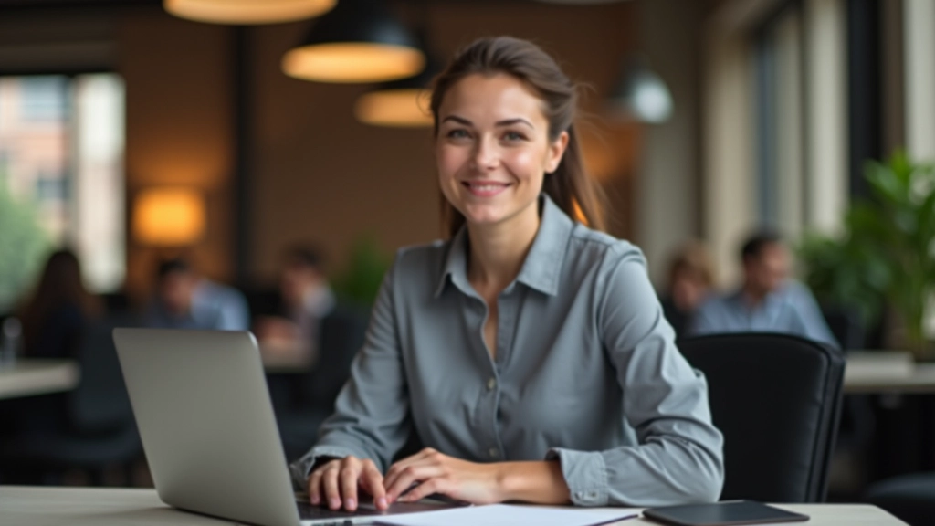 Kantoor scene met iemand werkend aan laptop en notitieblok, warm licht van buiten